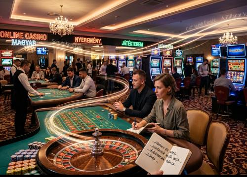 Luxus kaszinó belső tere rulettasztallal és játékgépekkel, a háttérben magyar feliratok és költői gondolatok.